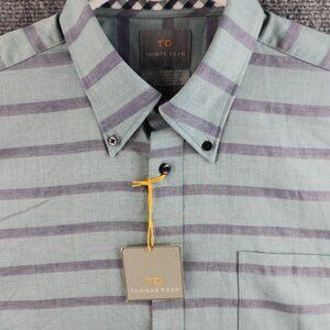 NWT Thomas Dean Long Sleeve Button Up Shirt Striped Green Purple Large Cotton